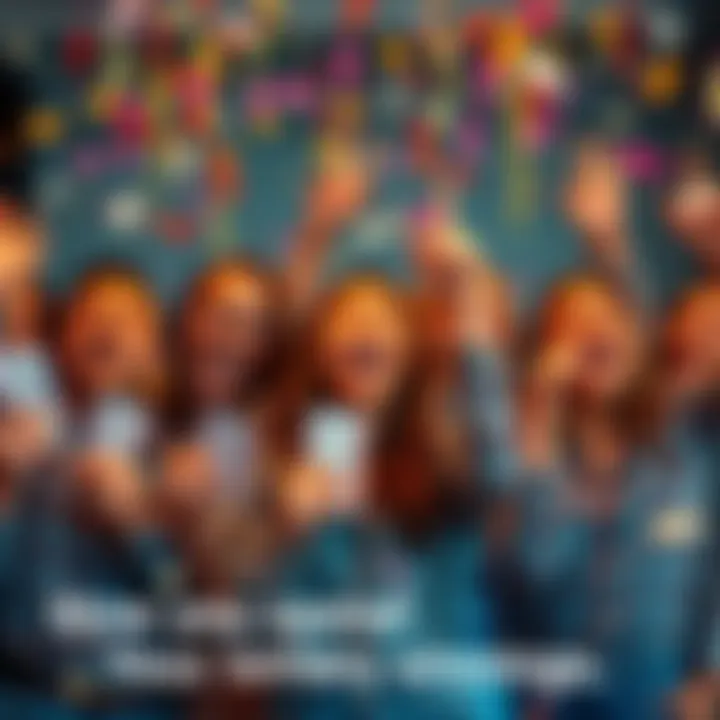 Group of excited people celebrating with confetti and holding lottery tickets, imagining their future winnings.