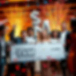 Lottery Winners Celebration Celebration scene with happy lottery winners holding checks and confetti falling around them.