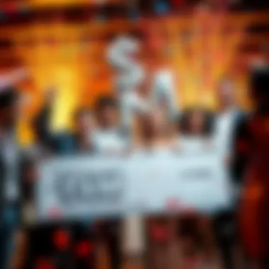 Lottery Winners Celebration Celebration scene with happy lottery winners holding checks and confetti falling around them.