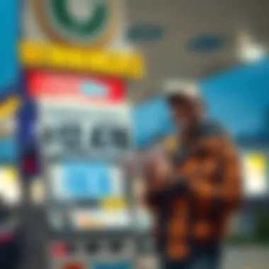 A gas station with a sign showing lottery winnings and a happy customer holding a winning ticket.