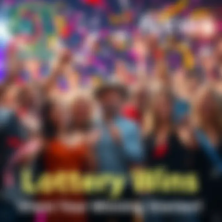 A group of happy people celebrating their lottery wins with confetti and cash, sharing stories and excitement