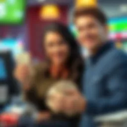 A lotto cashier smiling while handing cash to a winner, showing excitement after a lottery win.