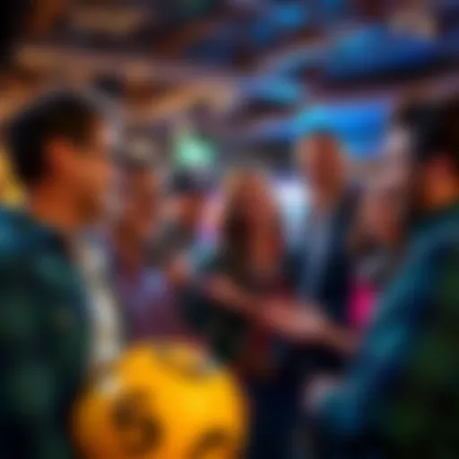 A group of people discussing lotto opportunities in a lively setting, with smiles and expressions of excitement.