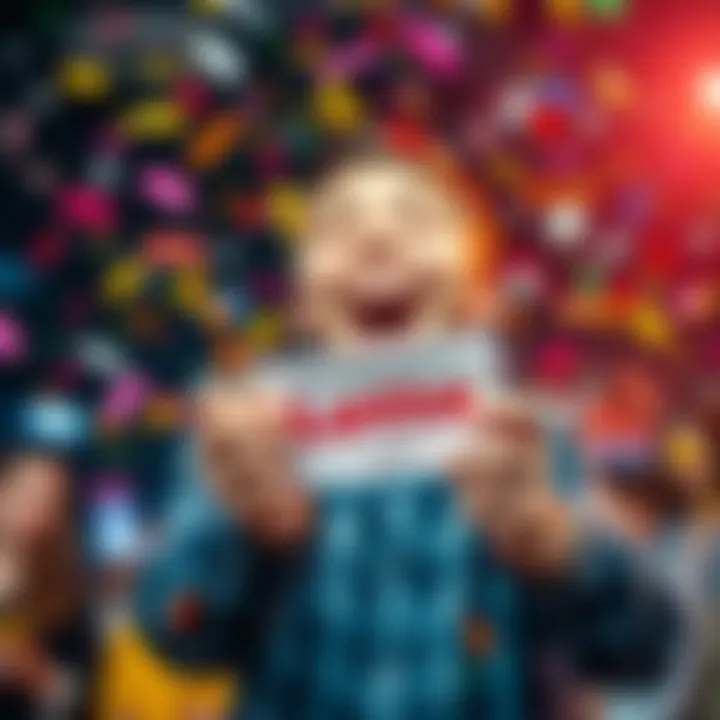 Lotto excitement A joyful person holding a winning lottery ticket with colorful confetti falling around them.