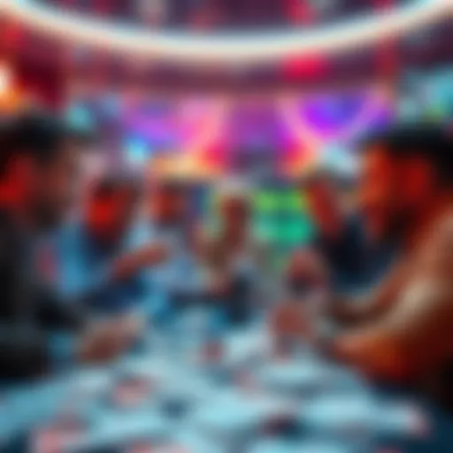 Group of people engaged in a lively discussion about lotto parlays, surrounded by betting slips and lottery tickets