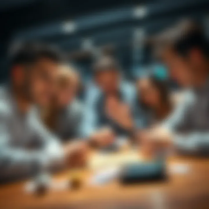 A group of people discussing lotto strategies with a lottery ticket and calculator on a table