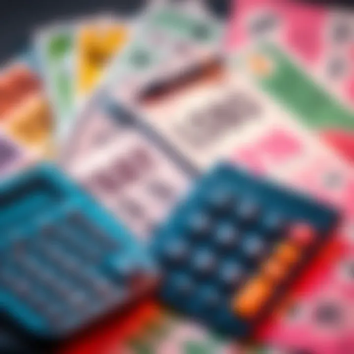 A display of colorful lotto tickets next to a calculator, symbolizing strategy and odds in lottery betting.
