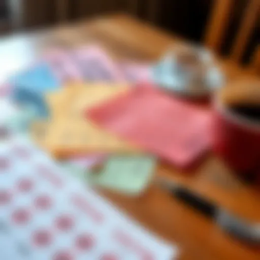 A close-up of colorful lotto tickets spread out on a wooden table with a pen and a cup of coffee nearby.