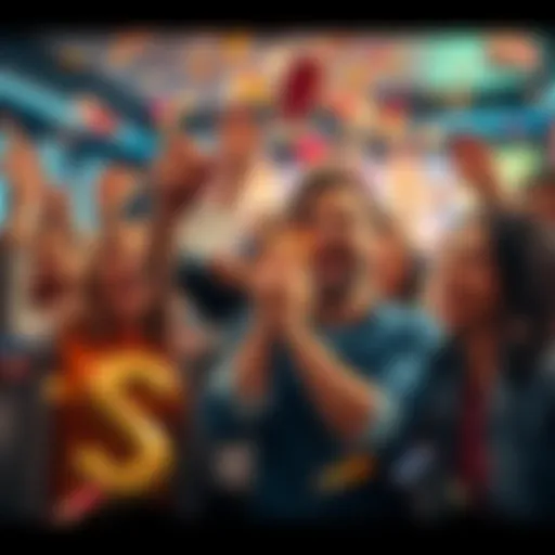 A group of happy people celebrating together, holding lottery tickets and confetti flying in the air, highlighting the thrill of winning a lotto game in 2025.