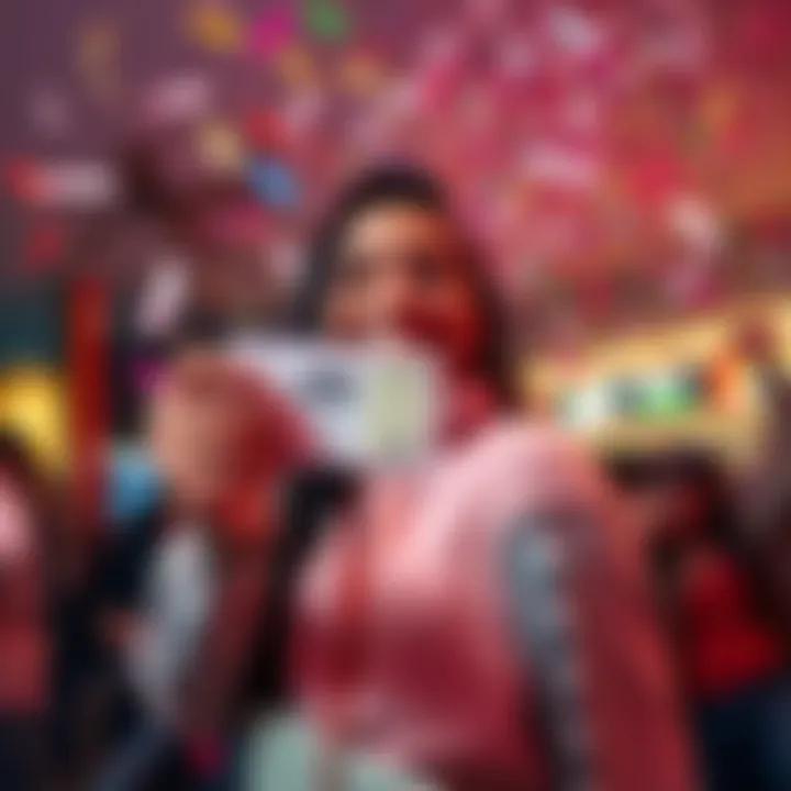 A happy lottery winner holding a winning ticket with confetti in the air.