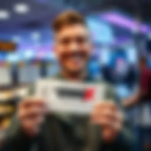 A happy lottery winner holding a winning $5 ticket with the 200X symbol, celebrating their $1000 cash prize at the lottery office.