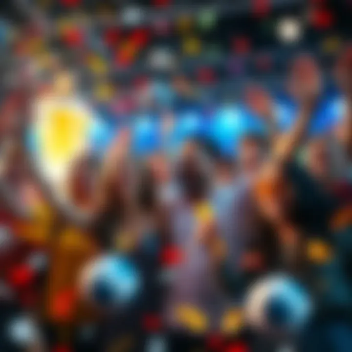 Group of happy people celebrating a lottery win with confetti and smiles