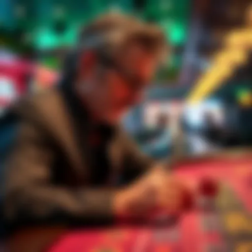 A low roller focused on the craps table, analyzing betting options with dice in hand and thoughtful expression.