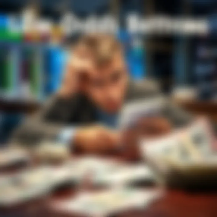 A person looking worried while checking their betting app, with money and betting slips scattered on a table.