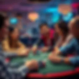 A group of friends playing poker with low stakes, smiling and enjoying the game together around a table with cards and chips