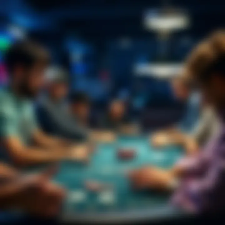 Low Stakes Poker Grind A group of poker players at a table looking focused and engaged in a low stakes game with chips and cards in front of them.