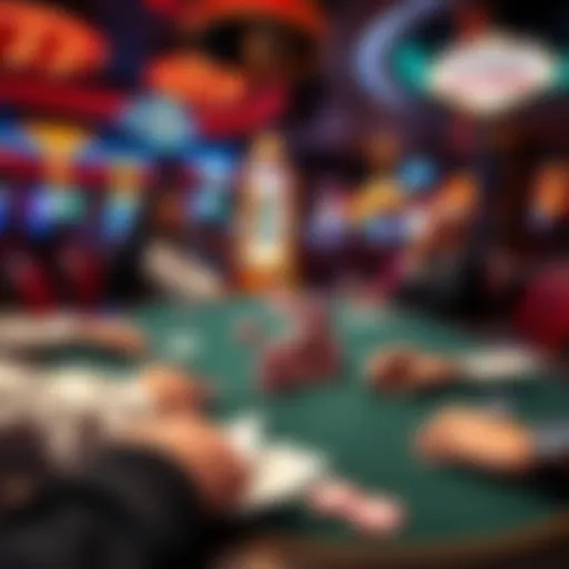 A lively low stakes poker table with players at Rio casino in Las Vegas, showing poker chips and cards on the table