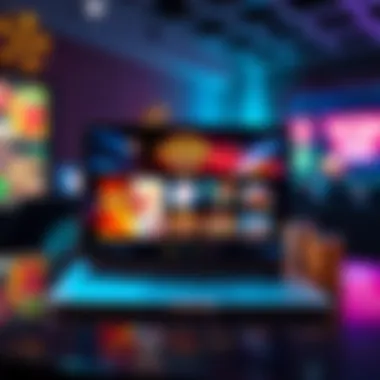 A laptop screen showing online casino games alongside promotional graphics for low wagering bonuses