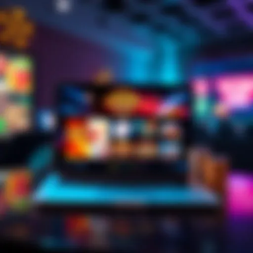 A laptop screen showing online casino games alongside promotional graphics for low wagering bonuses