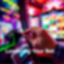 A hand adjusting a betting slider on a gaming machine, showing a lower bet amount, with colorful spinning reels in the background.