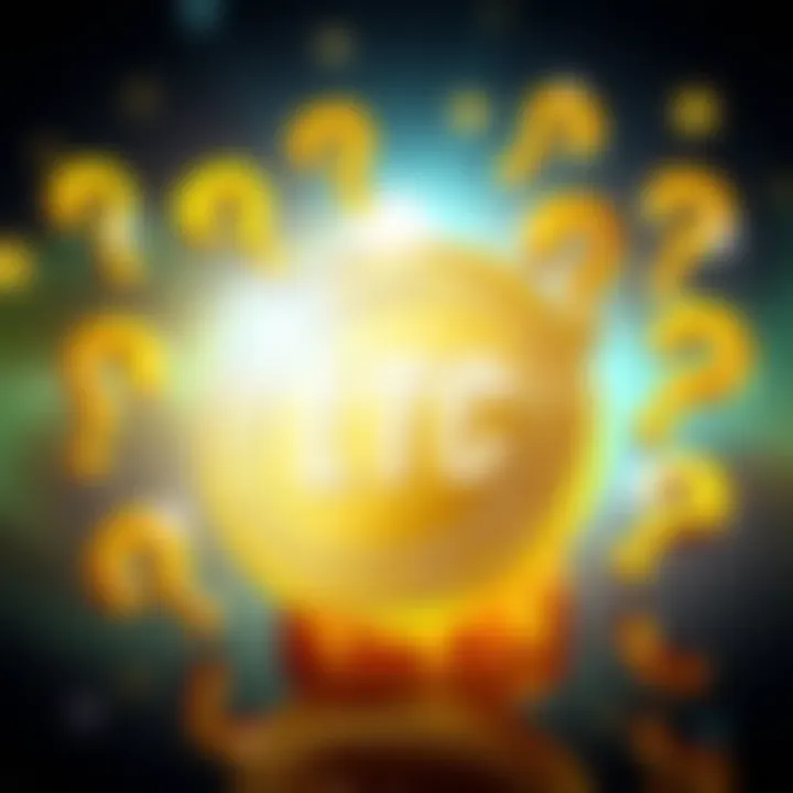 A graphic showing a golden LTC coin surrounded by question marks, symbolizing a guessing game for weekly deposit amounts.