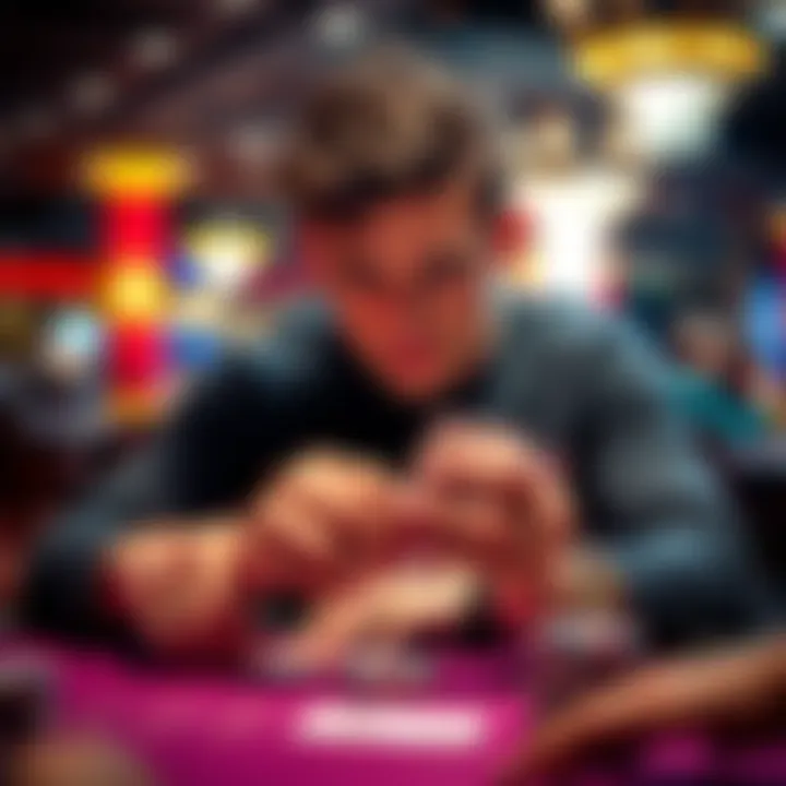 Lucas Jumalon at WSOP Main Lucas Jumalon playing poker at the WSOP Main event, focused at the table with cards in hand and a serious expression.