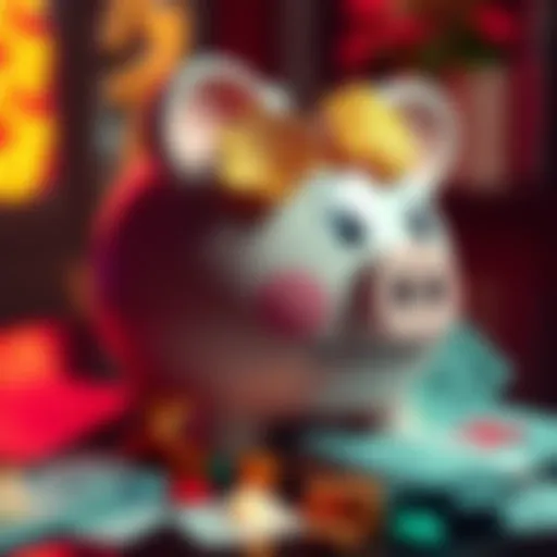 A cute piggy bank decorated with lucky symbols, surrounded by cash and affirmation notes, symbolizing positive energy for bets.