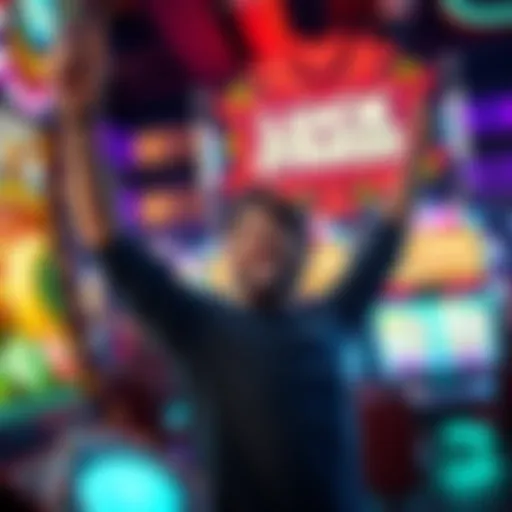 A joyful person celebrating a big win on a gaming machine with colorful lights and a winning display in the background.