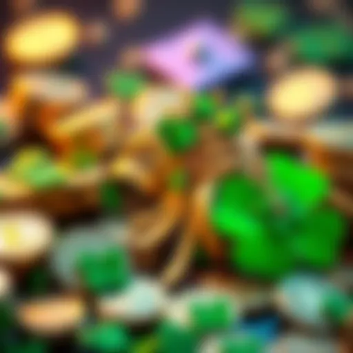A close-up of a four-leaf clover surrounded by coins and charms, symbolizing luck and fortune.