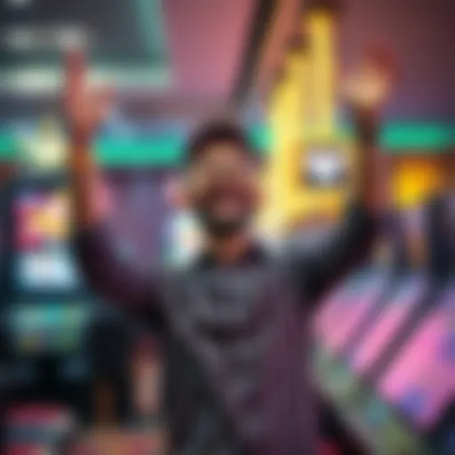 A joyful player celebrating a big win at a Keno game, throwing their hands up in excitement with casino lights in the background.