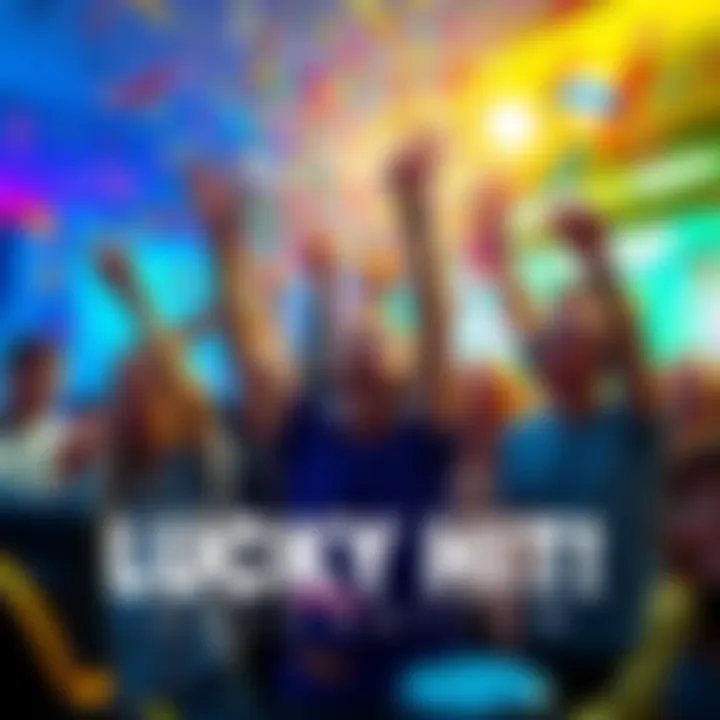 Lucky Hit Celebration A group of excited gamers celebrating a big win, with confetti and gaming gear around them.