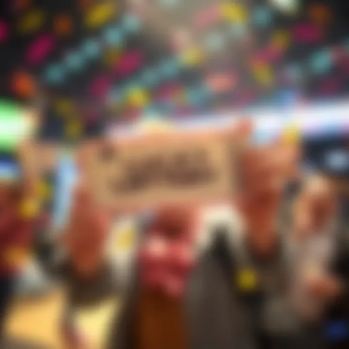 A person holds a winning lottery ticket with excitement, surrounded by celebration and confetti.