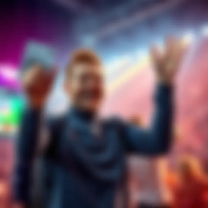 A smiling player celebrating a small betting win, holding a ticket in one hand and raising their other hand in joy, surrounded by a lively atmosphere.