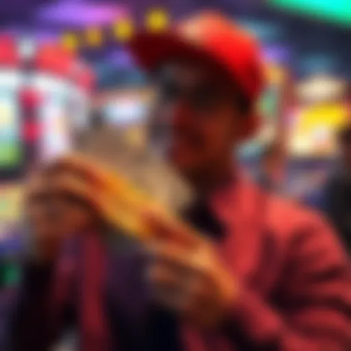 A player smiles while holding a stack of cash after winning a jackpot from a small bet
