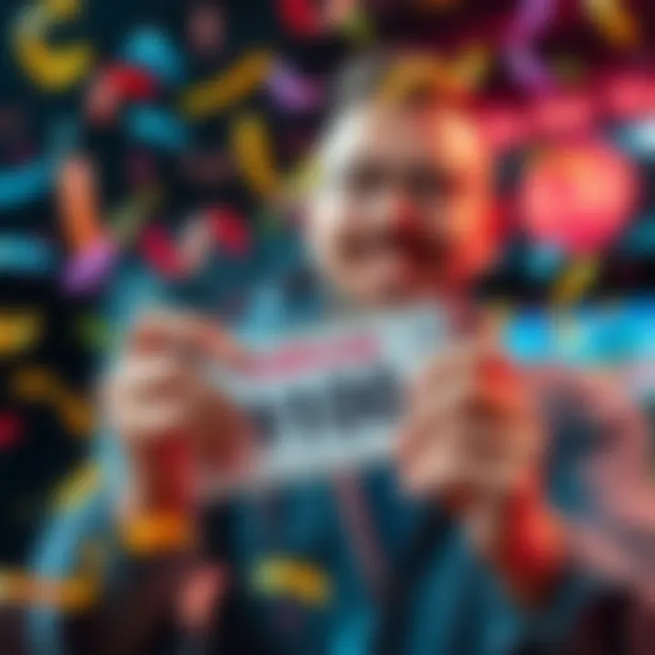 Lucky Player with Scratch-Off A happy person holding a winning California scratch-off ticket worth $100, surrounded by confetti and dollar signs.