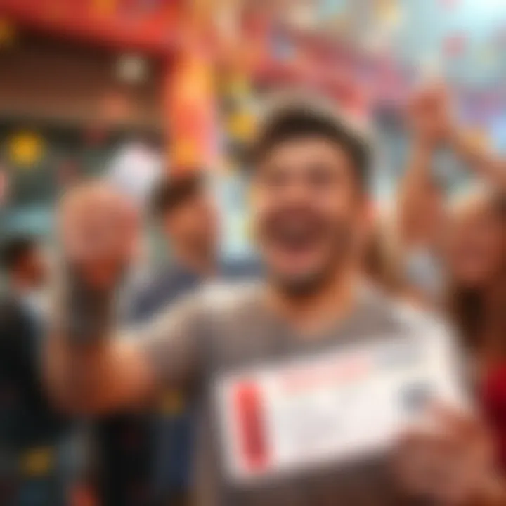 A joyful player holding a winning ticket with a big smile, surrounded by confetti and friends celebrating