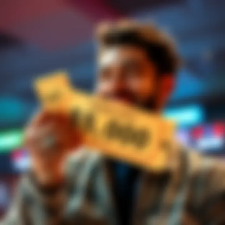 A person holding a winning lottery ticket with a big smile, celebrating a $5,000 prize from a $1 bet.