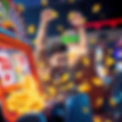 A person celebrating a big win at a casino slot machine, showing a screen with high winnings and coins spilling out.