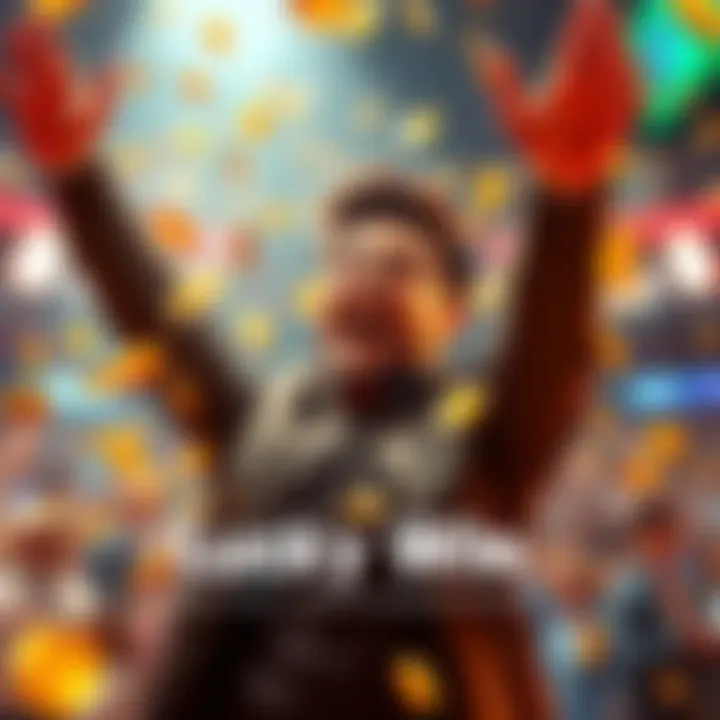 A joyful person celebrating a surprise win with arms raised and a big smile, surrounded by gold coins and confetti.