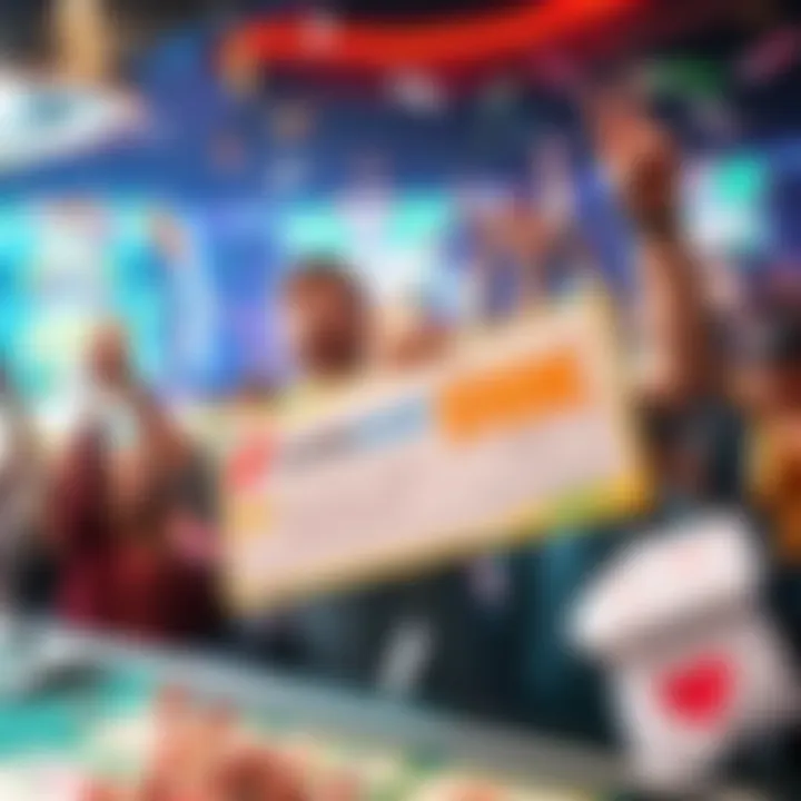 A shocked and excited player holding a $10,000 check at a LuckyLand tournament, surrounded by cheers and confetti.