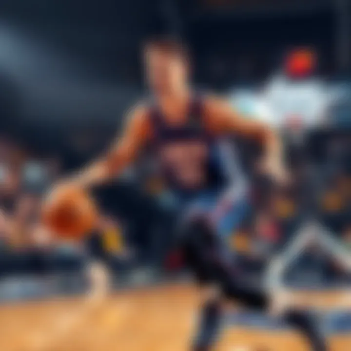 A basketball player making a dynamic move on the court, focusing on Luka who is dribbling the ball, with a crowd cheering in the background.