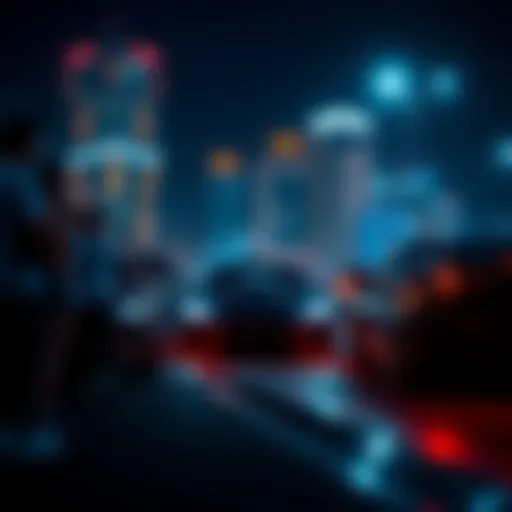 A group of friends enjoying a night out with luxury cars and bright city lights in the background.