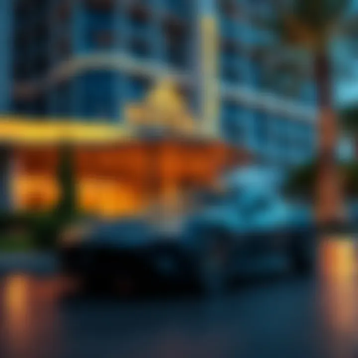 A sleek car parked in front of a luxury hotel, symbolizing the lifestyle of lottery winners.