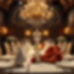 An elegant dining table set for royalty, featuring fine china and crystal glasses, under a grand chandelier.