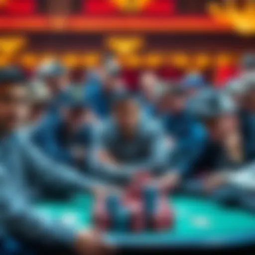 A diverse group of poker players at a tournament table, some with stacks of chips, showcasing a mix of professionals and casual entrants.