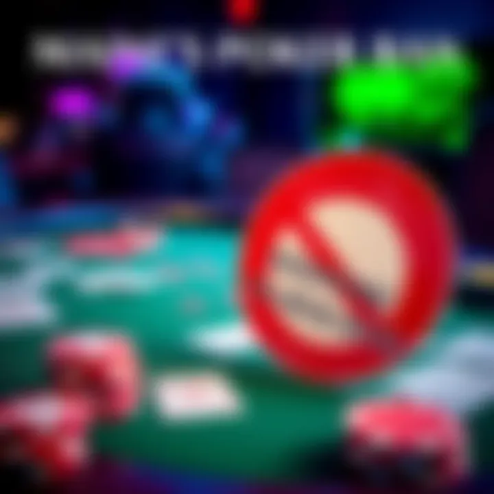 A graphic showing a poker table with cards and chips, overlaid with a 'No Sweepstake Sites' sign representing Maine's ban on online poker sites.