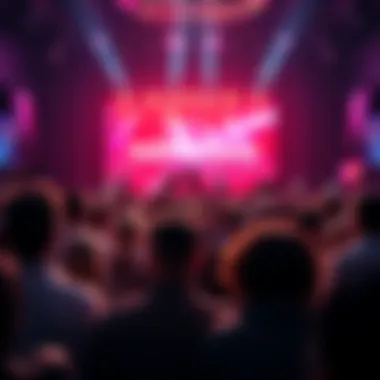 A crowd of diverse people eagerly watching a large screen displaying an announcement for an upcoming major event that could change many aspects of life.