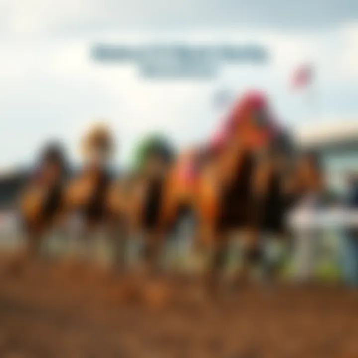 A group of thoroughbred horses racing down the track during the Maker's Mark Derby, with spectators cheering in the background.