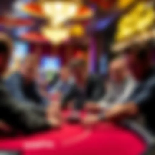 A group of male poker players at a table in a Las Vegas casino during a tournament, focused on their cards and chips.