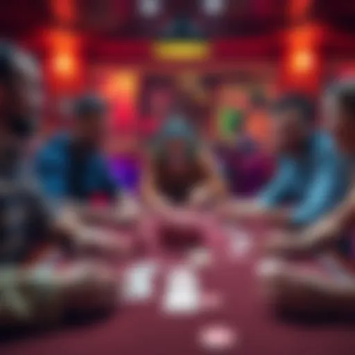A group of friends playing Maltese Poker at a lively table with colorful cards and chips, enjoying a fun night together.